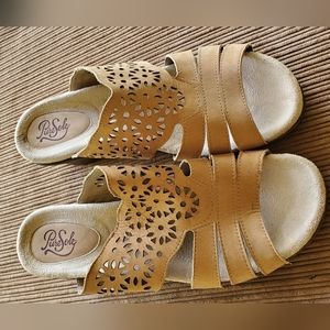 PureSole Flagstaff tan slip on  leather women's sandals wedge heel size 11